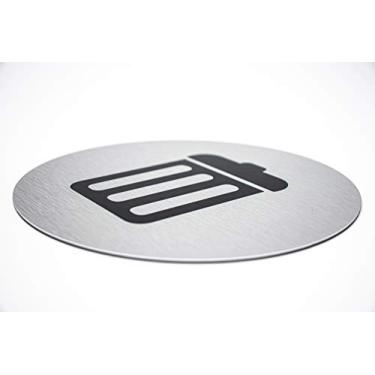 Imagem de Placas de lixo de metal | Placa redonda de metal de 14 cm para cesta de lixo | Placa de alumínio prata escovada com símbolo de lixo preto | Marcador de lixeira | Feito nos EUA