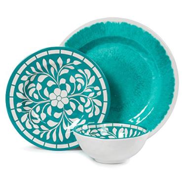 Imagem de Conjunto de louça de melamina – conjunto de 12 peças de pratos de jantar para uso ao ar livre, lavável na lava-louças, leve, inquebrável, azul, Louças, Verde, 1