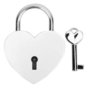 Imagem de Cadeado, cadeado de metal em forma de coração com chave, cadeado de metal para caixa de joias de livro diário de bagagem (branco)