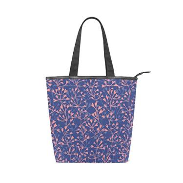 Imagem de Bolsa feminina de lona durável rosa azul folhagem abstrata grande capacidade sacola de compras bolsa de ombro