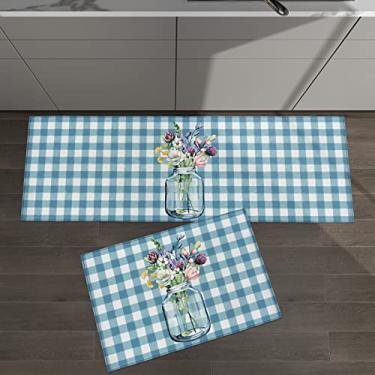 Imagem de Conjunto de 2 tapetes de cozinha colorido flor garrafa de vidro azul xadrez primavera verão aquarela floral para tapetes e tapetes acolchoados antiderrapante corredor confortável tapete de pé