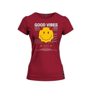 Imagem de Baby Look T-Shirt Algodão Premium Estampada Good Vibes Bordo XG