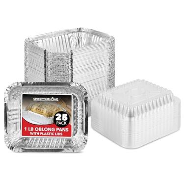 Imagem de Stock Your Home Panelas pequenas de alumínio com tampas (pacote com 25) formas de alumínio + tampas de plástico transparente, panelas descartáveis, bandejas para levar com tampas – Recipientes de comida descartáveis para restaurantes e catering