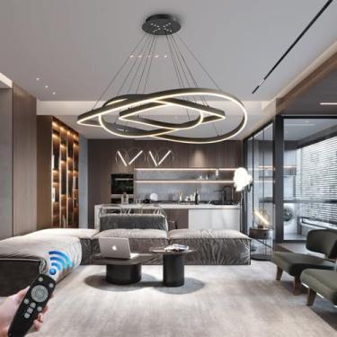 Imagem de Luminária pendente LED grande para sala de estar, lustre ajustável em altura, luminária de mesa de jantar de 130 W regulável com controle remoto, anéis de alumínio modernos, luminária penden