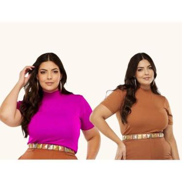 Imagem de Kit 2 Blusa Lisa Gola Alta Plus Size Estilosa Malha Elegante Social Ma