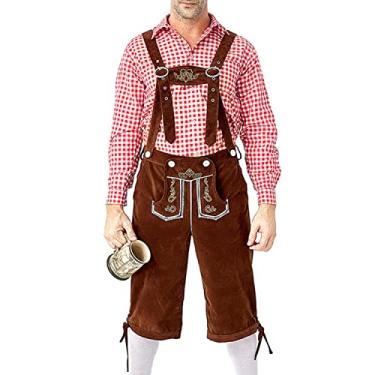 Imagem de Jdlsppl Conjunto de fantasia masculina Oktoberfest 2 peças de camisa xadrez bávara alemã Lederhosen conjunto de shorts roupas de Halloween, Fantasia de 2 peças Octoberfest vermelha, G