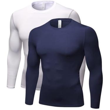 Imagem de Camisetas masculinas de compressão de manga comprida, roupa íntima esportiva fresca e seca, camiseta atlética para corrida, pacote com 1/2, 2 peças, azul marinho + branco, G