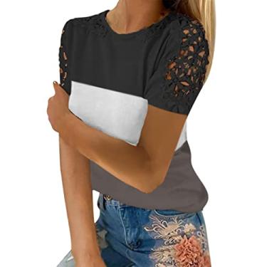 Imagem de Blusas femininas de malha de renda para sair, blusas grandes de manga curta Y2K, blusas de algodão, camisetas boêmias, túnica básica, Preto, GG