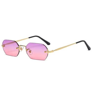 Imagem de Óculos de sol retângulo masculino sem aro octogonal pequeno óculos feminino metal polígono dourado azul marrom uv400 sem moldura, roxo rosa, tamanho único