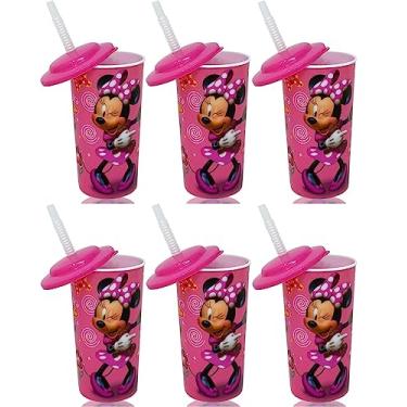 Imagem de Pacote com 6 copos de copo esportivos reutilizáveis da Minnie Mouse, 473 ml com tampas e canudos, rosa