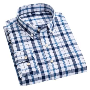 Imagem de Camisa xadrez casual de linho de algodão masculina respirável verão manga longa roupas listradas com bolso frontal, T0c18-04, XXG