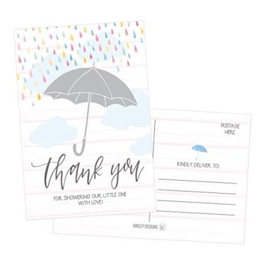 Imagem de Guarda-chuva 50 4x6 em branco cartões postais de agradecimento a granel, bonito moderno sprinkle chá de bebê arco-íris banhado com amor cartão de agradecimento papelaria para casamento, dama de honra