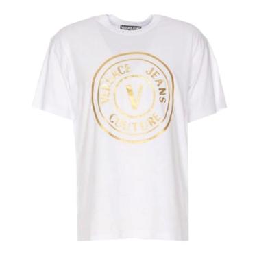 Imagem de Versace Jeans Couture Camiseta masculina de manga curta com logotipo metálico ouro branco, Branco, 2X