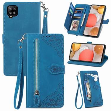 Imagem de Furiet Capa carteira compatível com Samsung Galaxy A42 5G com alça de pulso e suporte de cartão flip de couro, acessórios para celular, capa para celular A 42 G5 42A S42 4G 2021 feminina azul