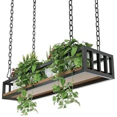 Imagem de Prateleiras de decorações flutuantes, suporte de vaso de flores para plantas suspensas no teto com artigo de corrente de ferro e estrutura de ferro Rack de armazenamento de cozinha de madeir