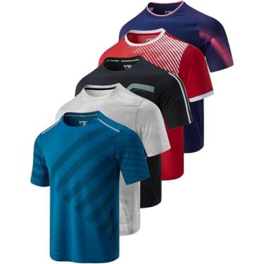 Imagem de Pacote com 5 camisetas masculinas de gola redonda de secagem rápida | Camiseta de manga curta para corrida atlética e ginástica, Camuflagem/vermelho/azul marinho/preto/azul-petróleo, XXG