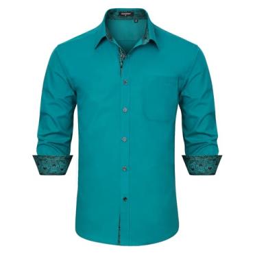 Imagem de HISDERN Camisa social masculina de manga comprida, casual, com botões, gola interna, contrastante, para homens e casamentos, Azul pavão, G