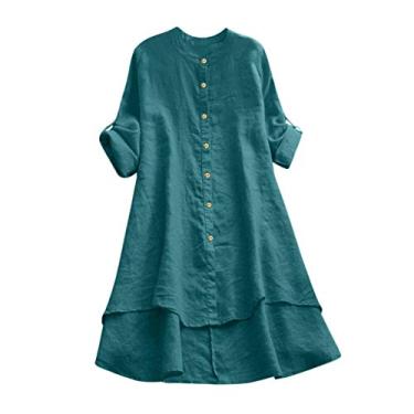 Imagem de Lainuyoah Camisetas casuais femininas modernas de verão manga longa 2024 blusas de trabalho camisetas de linho com botões e manga enrolada, Verde A, 5G