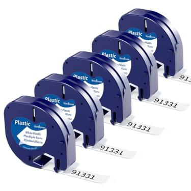 Imagem de Compatível com refil Dymo Label Maker 91331, compatível com refis Dymo Letratag de plástico branco 12 mm x 4 m 1/5.1 cm x 13', funciona com 100H 100T 200B QX50, preto sobre branco, pacote com 5