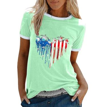 Imagem de Camiseta feminina bandeira americana 4th of July Red White Blue Star Stripes Graphic manga curta gola redonda casual verão engraçado top, Verde menta, G