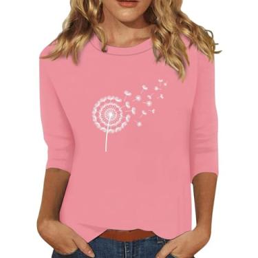 Imagem de Camiseta feminina gola redonda mangas 3/4, estampa dente-de-leão, solta, casual, moderna, túnica, rosa, M