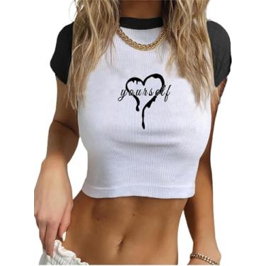 Imagem de Remidoo Camisetas femininas casuais de manga curta com estampa de letras caneladas, Coração branco, P