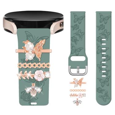 Imagem de Watbro Pulseira com gravação floral e anéis decorativos compatíveis com Samsung Galaxy Watch 6/5/4 com pingentes, pulseira esportiva de silicone macio de 20 mm para Active 2/Watch 5 Pro/Watch 4