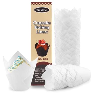 Imagem de 220 peças de forros de cupcake de tulipa para copos de cozimento, embalagens de cupcake à prova de gordura em tamanho padrão, forros de muffin de tulipa de papel manteiga, branco