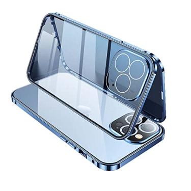 Imagem de Capa para celular Apple iPhone 14 Pro Max de 6,7 polegadas 2022, vidro temperado magnético dupla face HD [moldura de metal amortecedor], azul