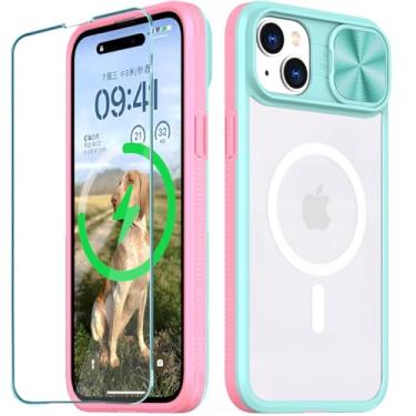 Imagem de WATEFULL Capa transparente compatível com iPhone 15 MagSafe capa de lente de câmera deslizante de 6,1 polegadas, [ímãs fortes][antiamarelo] moldura traseira de acrílico transparente de TPU macio, 1 película protetora de tela para iPhone 15 (rosa + azul-petróleo)