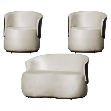 Imagem de Kit 2 Poltronas e 1 Namoradeira Decorativa Orgânica Beatriz Veludo Composê Corino Marrom - Estopar