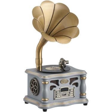 Imagem de Fonógrafo retrô, toca-discos de vinil de imitação de plataforma giratória BT com chifre de cobre, alto-falantes duplos de alta fidelidade integrados, para decoração de escritório/casa, B