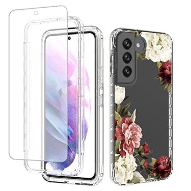 Imagem de Yodueiv Capa para Galaxy S22/Samsung S22 5G SM-S901U com protetor de tela de vidro temperado, capa protetora para celular à prova de choque com estampa floral transparente para Samsung Galaxy S22 5G