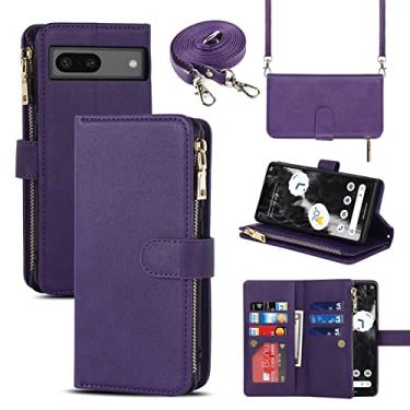 Imagem de Jaorty Capa carteira adequada para Google Pixel 7a (5G 2023), [9 compartimentos para cartões] [colar removível ajustável e alça de ombro] Capa de couro PU com zíper para mulheres e homens, roxo