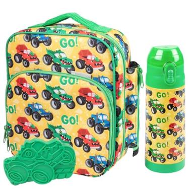 Imagem de Bentology Conjunto de lancheira infantil com garrafa de água reutilizável e bolsa de gelo duro combinando - Green Monster Trucks - Bolsa térmica isolada de aço inoxidável, bolsa de gelo rígido - Kits
