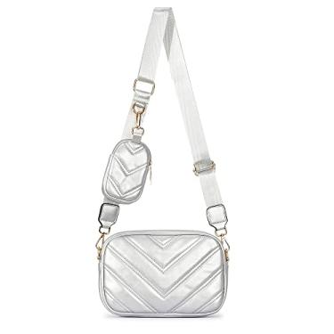 Imagem de Herald Chevron Bolsa tiracolo pequena acolchoada com bolsa de moedas, bolsa feminina quadrada de ombro lateral para câmera de 2 tamanhos, Prateado, 8.66" x 6.1" x 2.48"