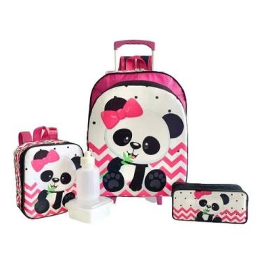 Imagem de Kit Mochila Infantil Menina Escolar Urso Panda Rodinhas M F5 - proprio