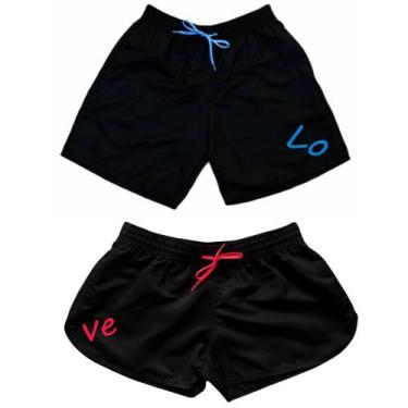 Imagem de Kit Casal Love Bermuda Moda Praia De Tactel Relaxado, Preto love rosa,