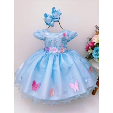 Imagem de Vestido infantil azul renda aplique flores borboletas perolas - marie,