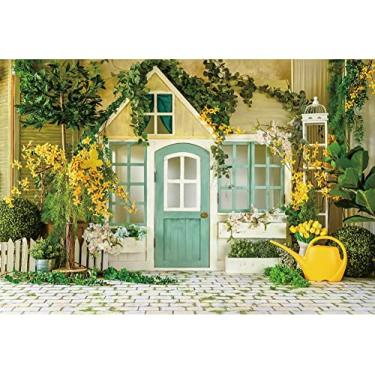 Imagem de Renaiss 3 x 2,4 m, flores frondosas, pano de fundo de porta de madeira, casa de madeira, flores amarelas, flores de limão, jardim, recém-nascidos, 1º aniversário, esmagamento de bolo, chá de panela,