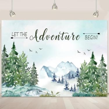 Imagem de Pano de fundo Let The Adventure Begin Adventure Awaits para chá de bebê, natureza, floresta, aventura, cenário fotográfico, pinheiro, montanha, cenário de decoração de festa de aventura, faixa de 18 x