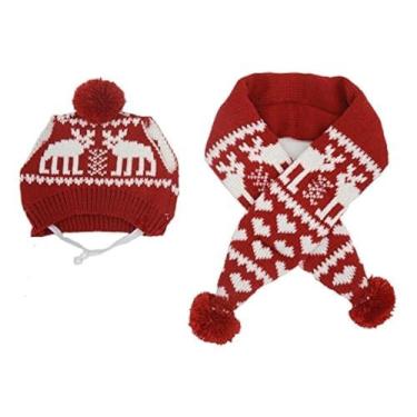Imagem de Fantasia de Rena de Gato Alemon Cachecol de Natal e Chapéu Conjunto para Cachorros Pequenos, Vermelho Pequeno
