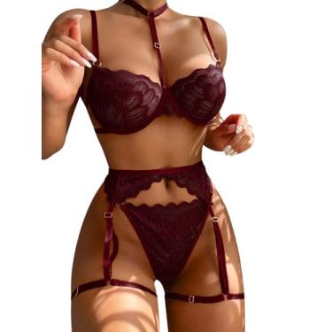 Imagem de Lilosy Gargantilha Sexy Floral Renda Vieira Transparente com Aro Push Up Conjunto de Lingerie Cinto-Liga para Mulheres Sutiã Transparente E Calcinha 3 Peças Borgonha Vermelho Grande