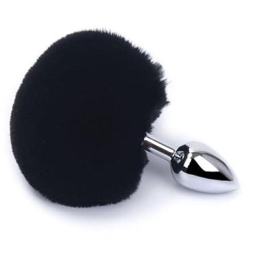 Imagem de Plug Anal Pompom Tamanho P 7cm x 2,8cm em Aço Rabo de Coelho (PRETO)