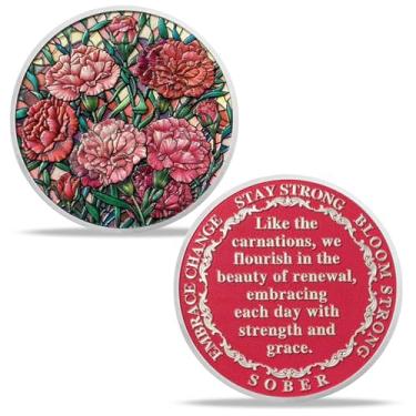Imagem de Cravos Originais Moeda Sobriedade Linguagem Floral Chip de Sobriedade Chip AA e Medalhão Narcóticos Anônimos Chip AA NA Coin Recovery Anniversary Token Sobriety Gifts for Men Women