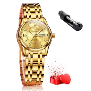 Imagem de OLEVS Relógios femininos de aço inoxidável dourado, prata, à prova d'água, analógico, grande, fácil leitor, dia, data, relógios de pulso femininos, todos os relógios com mostrador dourado