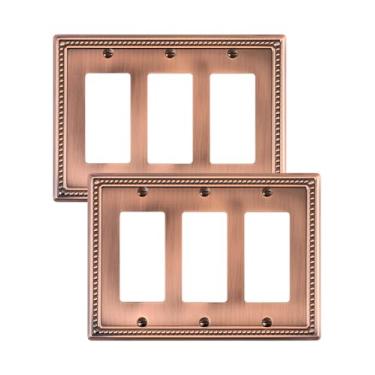 Imagem de TREEWELL Pacote com 2 placas decorativas triplas, placas de interruptores decorativas de pérolas de cobre antigas e tampas de tomada, placas de parede de metal para tomadas elétricas, receptáculo,