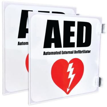 Imagem de (Pacote com 2) Placa AED | Sinalização de localização DEA para desfibriladores | Placa interna de primeiros socorros com DEA para marcação de armário de parede | 15 x 15 cm com suportes