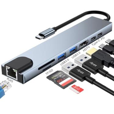 Imagem de Adaptador USB C Hub Ethernet 8 em 1 multiportas USB C tipo C Dock Dongle 4K a 60Hz USB C para HDMI Hub 2 portas USB 3.0, leitor de cartão TF/SD tipo C, portas USB C, dongle para MacBook Pro Air, iPad,