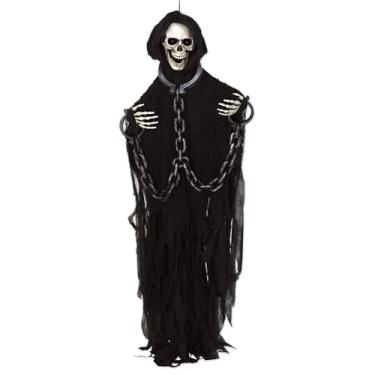 Imagem de Beistle Esqueleto com correntes, braços articulados, criatura assustadora, uso interno, apenas decorações assustadoras de Halloween, 1,8 m, preto/branco (off-white)